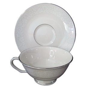 Pickard Brocade Tea Cup and Saucer Set Vintage 1964 White Floral on Ivory EUC